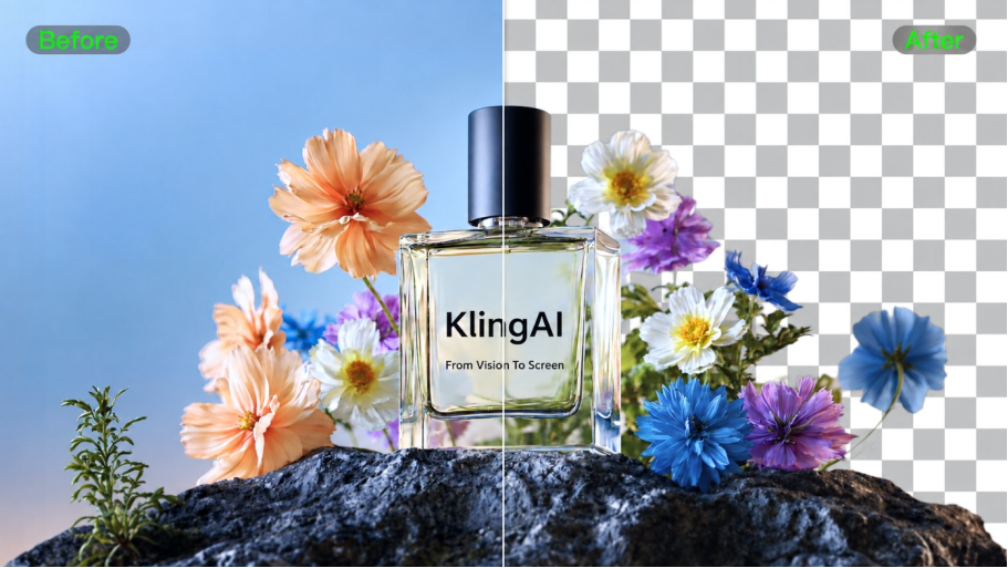 Before-and-after background removal comparison of a perfume bottle